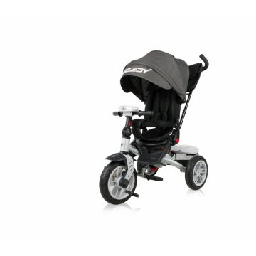 Tricicleta pentru copii Lorelli Speedy Air Black multifunctionala, 4 in 1 , scaun rotativ, spatar inalt reglabil pe 3 pozitii, maner cu control parental, 2 tipuri de suport pentru picioare