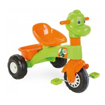 Tricicleta pentru copii Pilsan Dino Green cu maner reglabil pe inaltime,sistem roata libera, spatiu de depozitare de la 3 ani pana la 35 kg