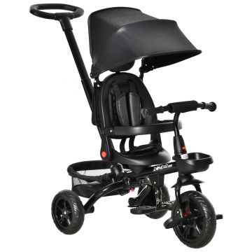 Tricicleta copii HOMCOM, pliabila, cu maner, copertina detasabila, negru 111,5x52x98cm | Aosom RO