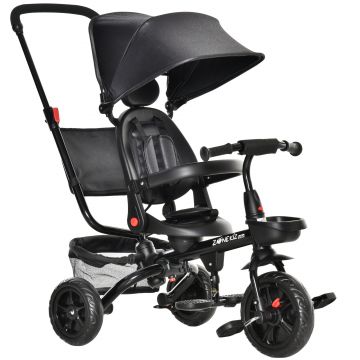 HOMCOM Tricicleta cu Maner Carucior Pliabil pentru Copii 1-5 Ani, Copertina si Bara Detasabile, 111.5x52x98cm, Negru