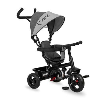 Tricicleta 5 in 1, MoMi IRIS Grey, Scaun rotativ 360°, Suport pentru picioare detasabil, Maner telescopic, Cos pentru jucarii, Materiale usor de curatat