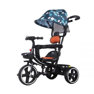 Tricicleta bebelusi cu copertina retractabila si maner parental pentru copii intre 2 si 6 ani, Albastra
