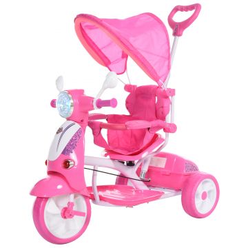 Tricicleta cu Maner in forma de Motocicleta pentru Copii 18 - 72 Luni (25 kg) cu Paravan detasabil si Cufar, 102x48x96cm Roz HOMCOM | Aosom RO