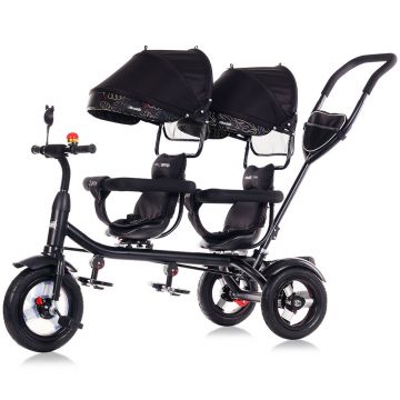 Tricicleta pentru copii gemeni Chipolino 2Play Obsidian Leaves cu maner, control al directiei, sezut reversibil, suport pentru picioare, scaun confortabil cu husa moale, copertina XXL, si roti din cauciuc