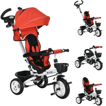 HOMCOM Tricicletă pentru copii 6-in-1 cu Mâner de Împingere, Terasă, Centură, Coș, 18+ Luni, Roșu | Aosom Romania