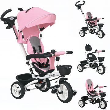 HOMCOM Triciclu pentru copii 6-in-1 cu mâner de împingere, acoperiș, centură, coș de depozitare, 18+ luni, Roz | Aosom Romania