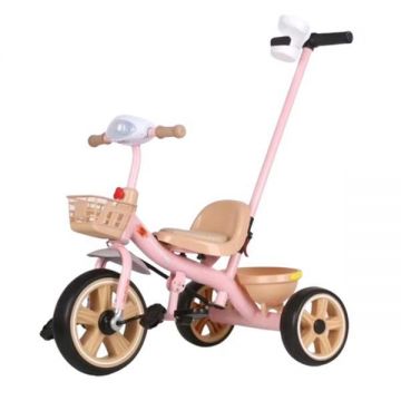 Tricicleta copii 2-5 ani cu maner parental detasabil, Roz, Suport picioare, Pahar si doua cosuri pentru jucarii