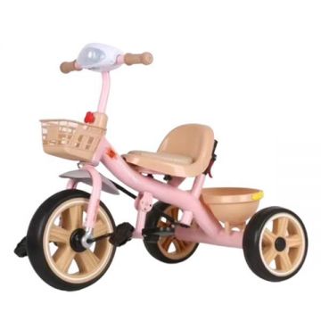 Tricicleta copii 2-5 ani, Roz, Far lanterna led, Suport picioare si doua cosuri pentru jucarii, Roti EVA
