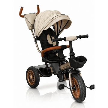 Tricicleta copii, Primabobo, Terra, Scaun rotativ 360, Maner reglabil pentru parinti, Roata libera, Suport pentru picioare rabatabil, Reglare scaun fata-spate, Roti gonflabile, 12 luni+, Pana la 25 kg, Bej