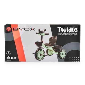 Tricicleta cu pedale pentru copii Byox Twidle Green cu roti eva,sezut ergonomic reglabil cu spatar,efecte de lumina si muzica,oglinzi,manere ergonomice,cos fata si spate pentru accesorii,greutate maxima 25kg