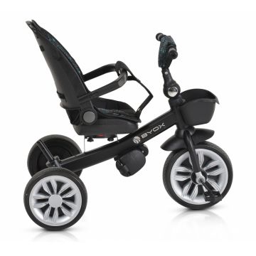Tricicleta multifunctionala pentru copii Byox Space Blue cu roti EVA,Maner parinte reglabil pe inaltime,Scaun rotativ,Spatar reglabil cu pozitie somn,Ghidon pliabil,Roti EVA,2 tipuri de suport picioare,Cosulet si suport pahar