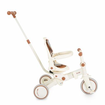 Tricicleta pentru copii 3 in 1 Byox Compacto Beige ultrapliabila,cu suport de picioare, control al directiei, scaun reversibil, rotire 360 grade, spatar reglabil, copertina XXL,pernuta moale pe scaun si spatar