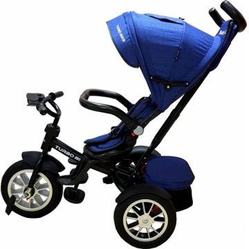 Tricicleta pentru copii Baby Care Turbo Bike Albastru cu Far luminos, Roti din cauciuc, Pozitie somn, Pedale si maner pentru parinti, Scaun reversibil cu invartire 360 grade , Cadru metalic, Dimensiuni 110X45X90 cm