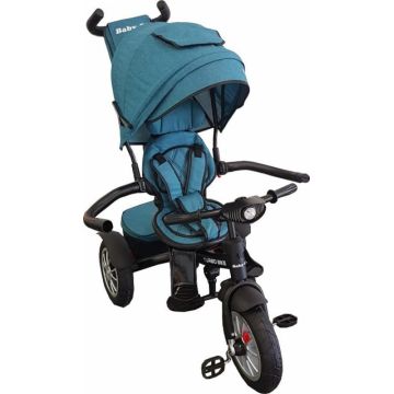 Tricicleta pentru copii Baby Care Turbo Bike Albastru Turquoise cu Far luminos, Roti din cauciuc, Pozitie somn, Pedale si maner pentru parinti, Scaun reversibil cu invartire 360 grade , Cadru metalic, Dimensiuni 110X45X90 cm