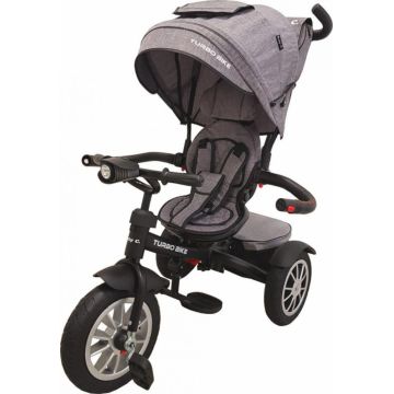 Tricicleta pentru copii Baby Care Turbo Bike Gri Jeans cu Far luminos, Roti din cauciuc, Pozitie somn, Pedale si maner pentru parinti, Scaun reversibil cu invartire 360 grade , Cadru metalic, Dimensiuni 110X45X90 cm