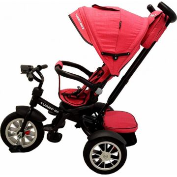 Tricicleta pentru copii Baby Care Turbo Bike Rosu Corai cu Far luminos, Roti din cauciuc, Pozitie somn, Pedale si maner pentru parinti, Scaun reversibil cu invartire 360 grade , Cadru metalic, Dimensiuni 110X45X90 cm