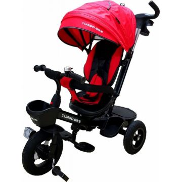 Tricicleta pentru copii Baby Care Turbo Bike Rosu cu copertina, roti din cauciuc, pozitie somn, maner pentru parinti, scaun reversibil cu invartire 360 grade, cadru metalic, dimensiuni 110x45x90 cm