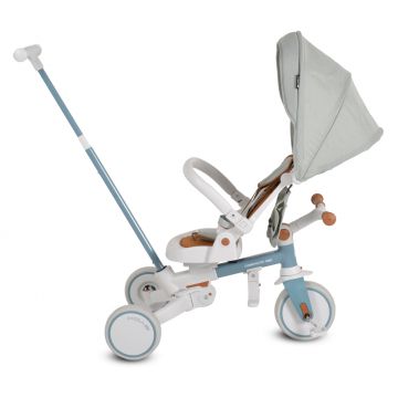 Tricicleta pentru copii Byox Compacto Blue 4in1 ultrapliabila,suport de picioare,control al directiei,scaun reversibil cu rotire 360 grade,spatar reglabil,copertina XXL,pernuta moale pe scaun si spatar