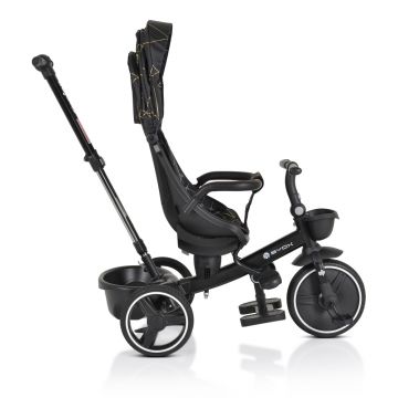Tricicleta pentru copii Byox Fusion Black,maner parental reglabil pe inaltime,scaun rotativ la 360 grade,spatar reglabil cu pozitie somn,ghidon pliabil,roti din PU,frana,husa moale,2 tipuri de suport picioare,bara detasabila