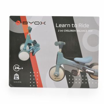 Tricicleta pentru copii Byox Learn to Ride Albastru 2 in 1 cu pedale, transformabila, structura usoara, pliere compacta, sistem de siguranta cu viraj limitat, roti din cauciuc EVA si far cu lumina
