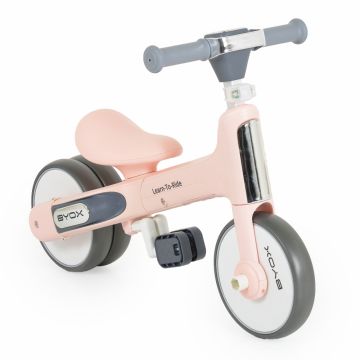 Tricicleta pentru copii Byox Learn to Ride Roz 2 in 1 cu pedale, transformabila, structura usoara, pliere compacta, sistem de siguranta cu viraj limitat, roti din cauciuc EVA si far cu lumina