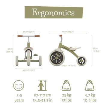 Tricicleta pentru copii Chillafish Ziggi Olive 2-5 ani, greutate admisa 25 kg