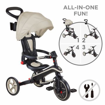 Tricicleta pentru copii Globber Explorer Bej 4 in 1 pliabila, maner pentru controlul directiei, scaun ajustabil pe inaltime, suport pentru picioare, roti din cauciuc Eva, sistem roata libera, de la 10 luni