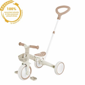 Tricicleta pentru copii Globber Plus 3 in 1 ecologic, bara de impins si ghidaj pentru parinti, scaun ajustabil, functie free wheel si cosulet transport