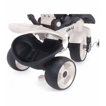 Tricicleta pentru copii Injusa City Max Alb Negru cu pozitie de somn, maner parental reglabil, cadru din aluminiu, accesorii incluse, roti spuma Eva, cadru aluminiu, greutate admisa 25 kg, 8 luni+