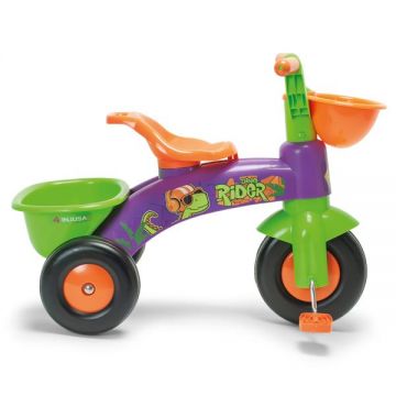 Tricicleta pentru copii Injusa Dino Rider cu pedale, inspirata din desenele cu dinozauri 1-3 ani, cosulete pentru accesorii