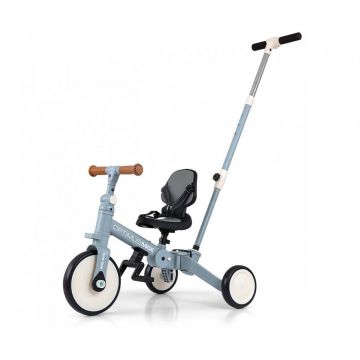 Tricicleta pentru copii Milly Mally Optimus Max Denim 5 in 1 reglabila, maner parental, roti din spuma, varsta 12 luni+