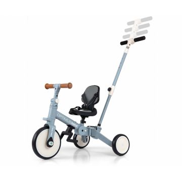 Tricicleta pentru copii Milly Mally Optimus Max Denim 5 in 1 reglabila, maner parental, roti din spuma, varsta 12 luni+