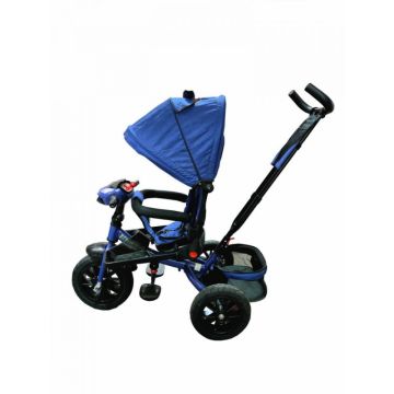 Tricicleta pentru copii Novokids Super Trike Albastru Jeans cu copertina, melodii si lumini, roti din cauciuc, pozitie somn, scaun reversibil cu rotatie 360 grade