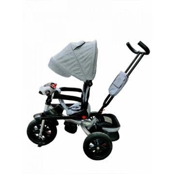 Tricicleta pentru copii Novokids Super Trike Gri Jeans cu copertina, melodii si lumini, roti din cauciuc, pozitie somn, scaun reversibil cu rotatie 360 grade