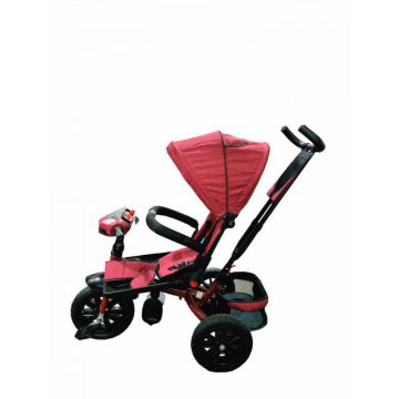 Tricicleta pentru copii Novokids Super Trike Rosu Bordeaux cu copertina, melodii si lumini, roti din cauciuc, pozitie somn, scaun reversibil cu rotatie 360 grade