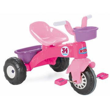 Tricicleta pentru copii Pilsan Atom Pink, roti din plastic rezistent cu aparatoare noroi, sezut cu spatar, cosulet pentru jucarii, de la 3 ani,greutate suportata maxim 35kg