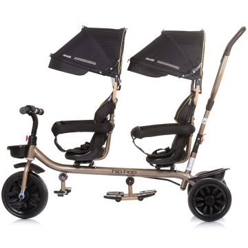 Tricicleta pentru gemeni Chipolino Hip Hop Ebony cu sezut rotativ 360 grade, suporturi pentru picioare, bara de protectie, cosulete