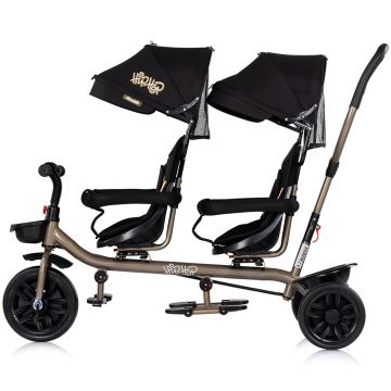 Tricicleta pentru gemeni Chipolino Hip Hop Noir cu sezut rotativ 360 grade, suporturi pentru picioare, bara de protectie, cosulete