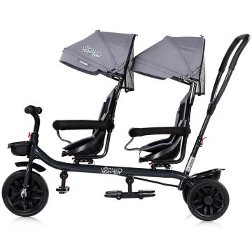 Tricicleta pentru gemeni Chipolino Hip Hop Platinum cu sezut rotativ 360 grade, suporturi pentru picioare, bara de protectie, cosulete