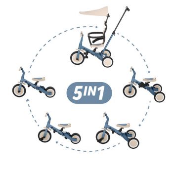Tricicleta, Petite&Mars, Turbo Plus, 5 in 1, Multifunctionala, Vehicul de impins, Bicicleta cu/fara pedale, Cu maner de ghidaj, Detasabil, Roti din cauciuc, Capotina pentru soare, Pana la 25 kg, 1.5-5 ani, Albastru